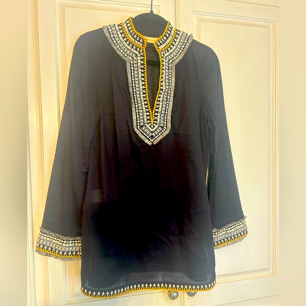Tory Burch Embroidered Navy Tunic Top